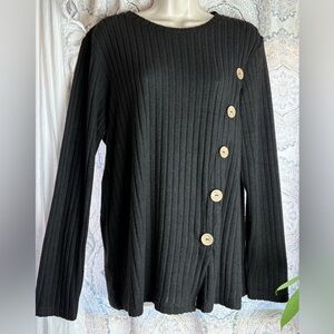 Women's V-Neck Black Ribbed Knit Cardigan Sweater Oversized Long Sleeve Sz L